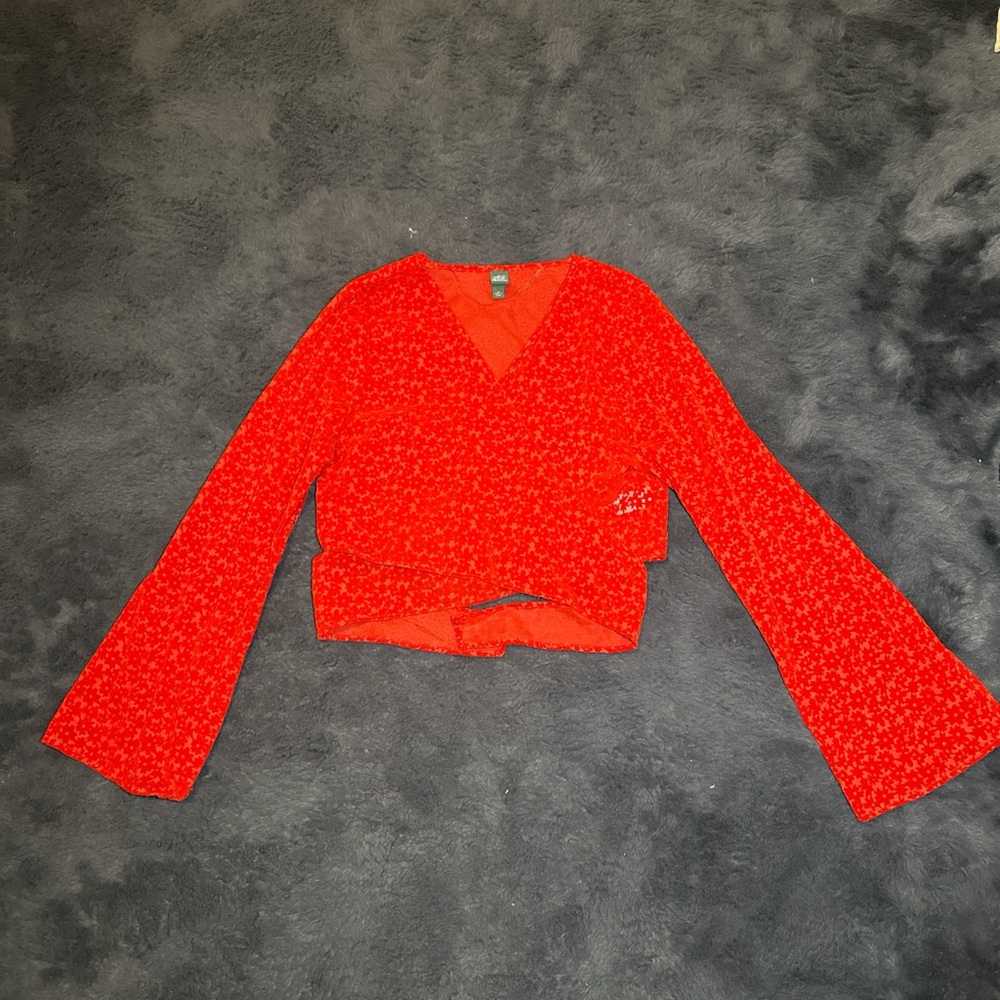 Red Long Sleeve V-Neck Crop Blouse sheer
